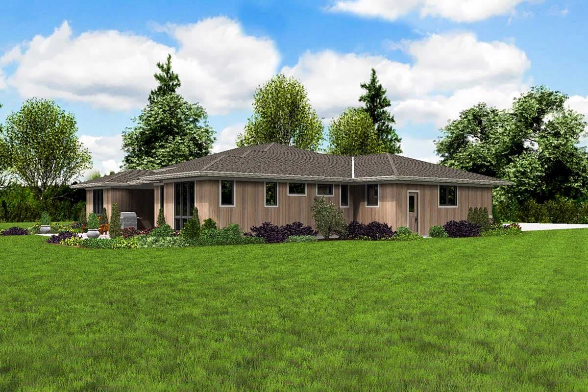 House plan exterior of a one-story home with wood siding, a multi-gabled roof, and a covered patio area.