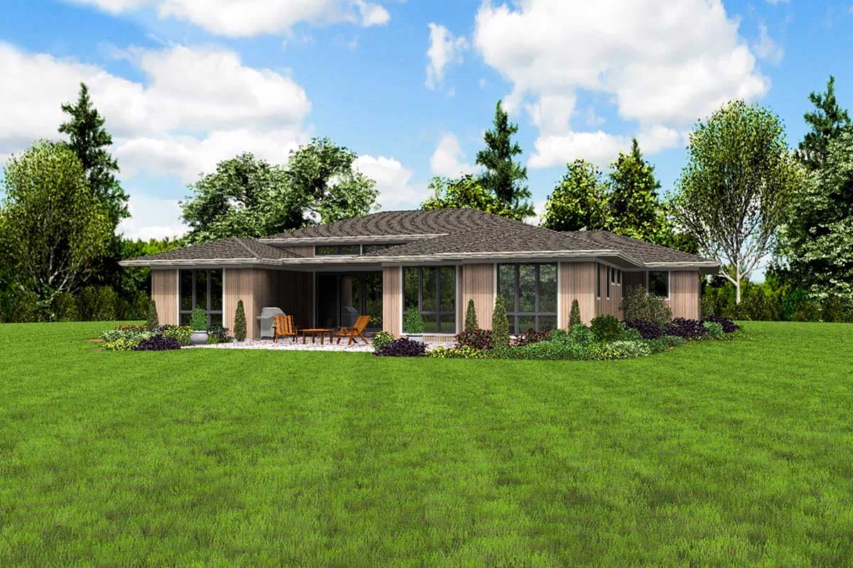 House plan exterior: Modern single-story with pitched roof, wood siding, large windows, and covered patio with seating area.