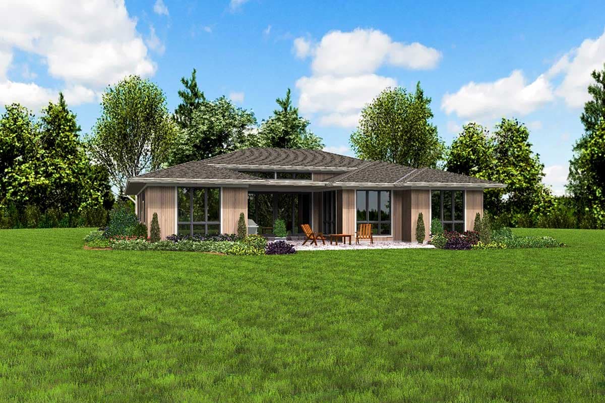 House plan exterior: one-story modern home with large windows, flat roof, and wood siding.