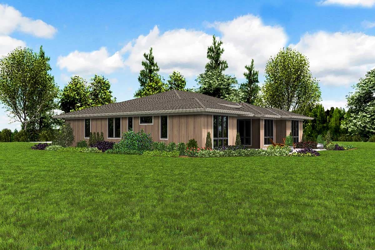 House plan exterior of a one-story home with wood siding, a hip roof, and large windows.
