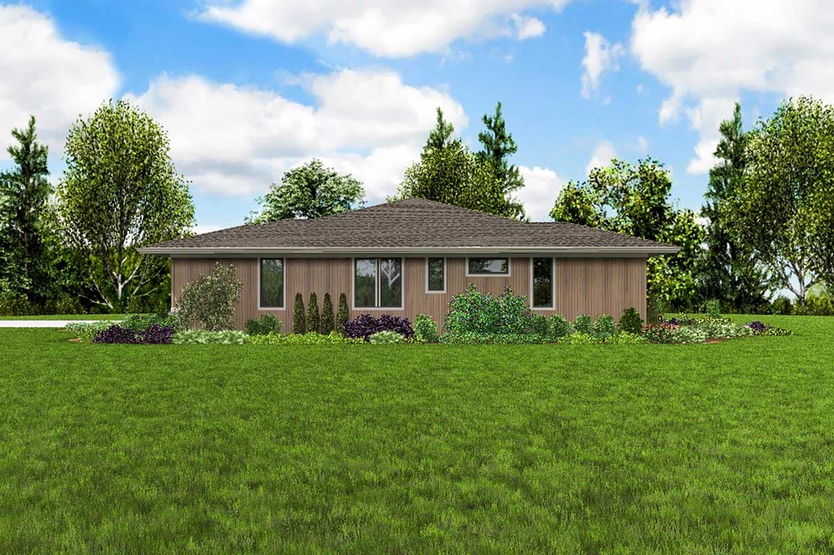 House plan exterior: single-story home with wood siding, a low-slope roof, and multiple rectangular windows.
