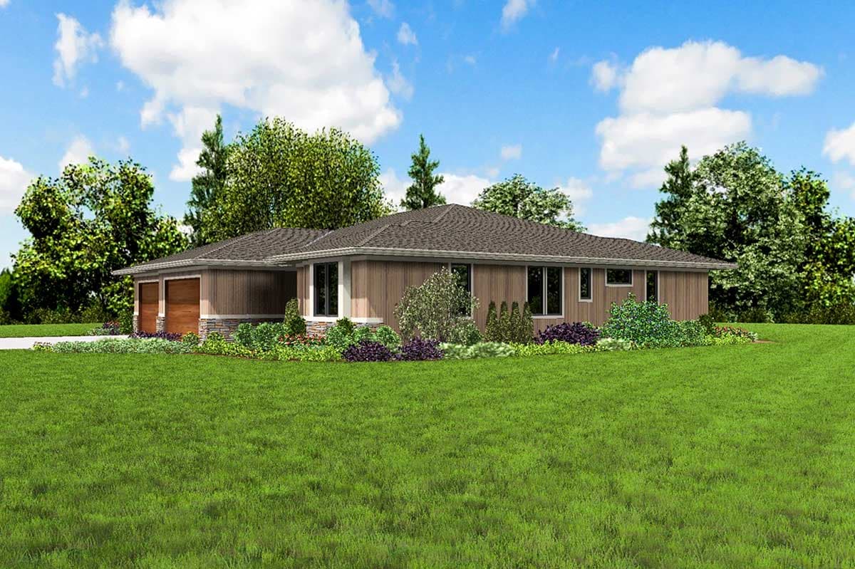House plan exterior: single-story Ranch style with a three-car garage, horizontal siding, and stone accents.