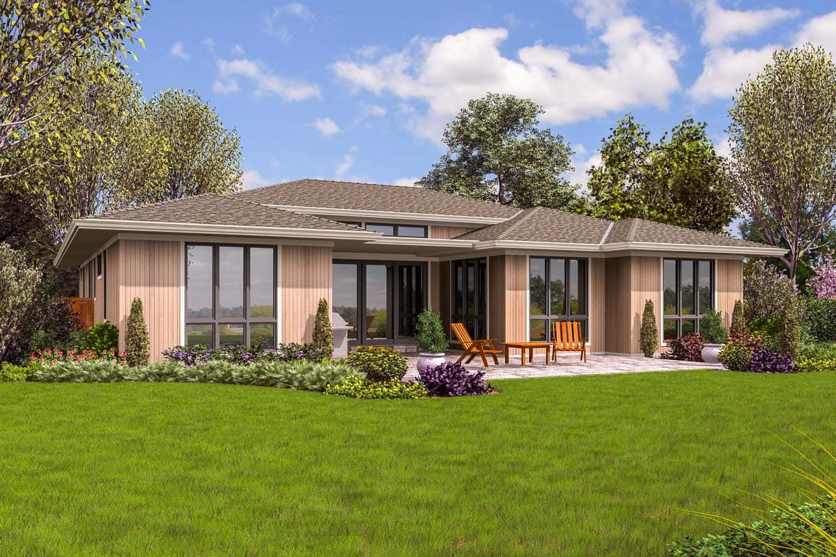 House plan exterior, single-story modern design with wood siding, expansive windows, and a covered patio area.