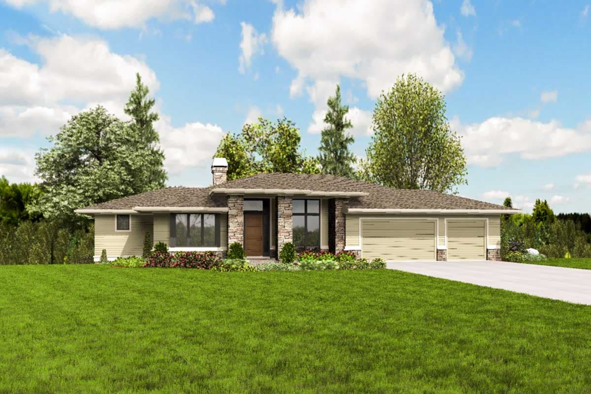 Ranch house plan exterior with stone accents, pitched roof, entry pilasters, and a three-car garage.