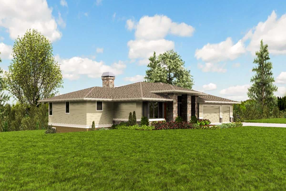House plan exterior rendering of a one-story home with stone accents, a prominent chimney, and a dual garage.