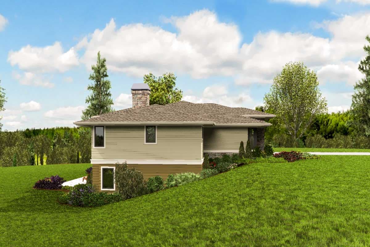 House plan exterior: single-story home with stone chimney, horizontal siding, and a visible foundation.