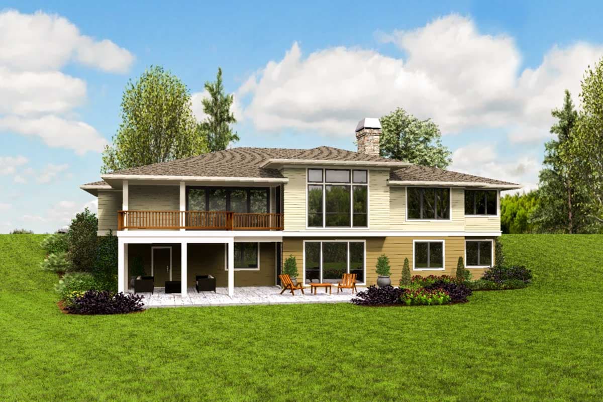 House plan exterior: Two-story Modern Farmhouse with deck, stone chimney, and large windows.