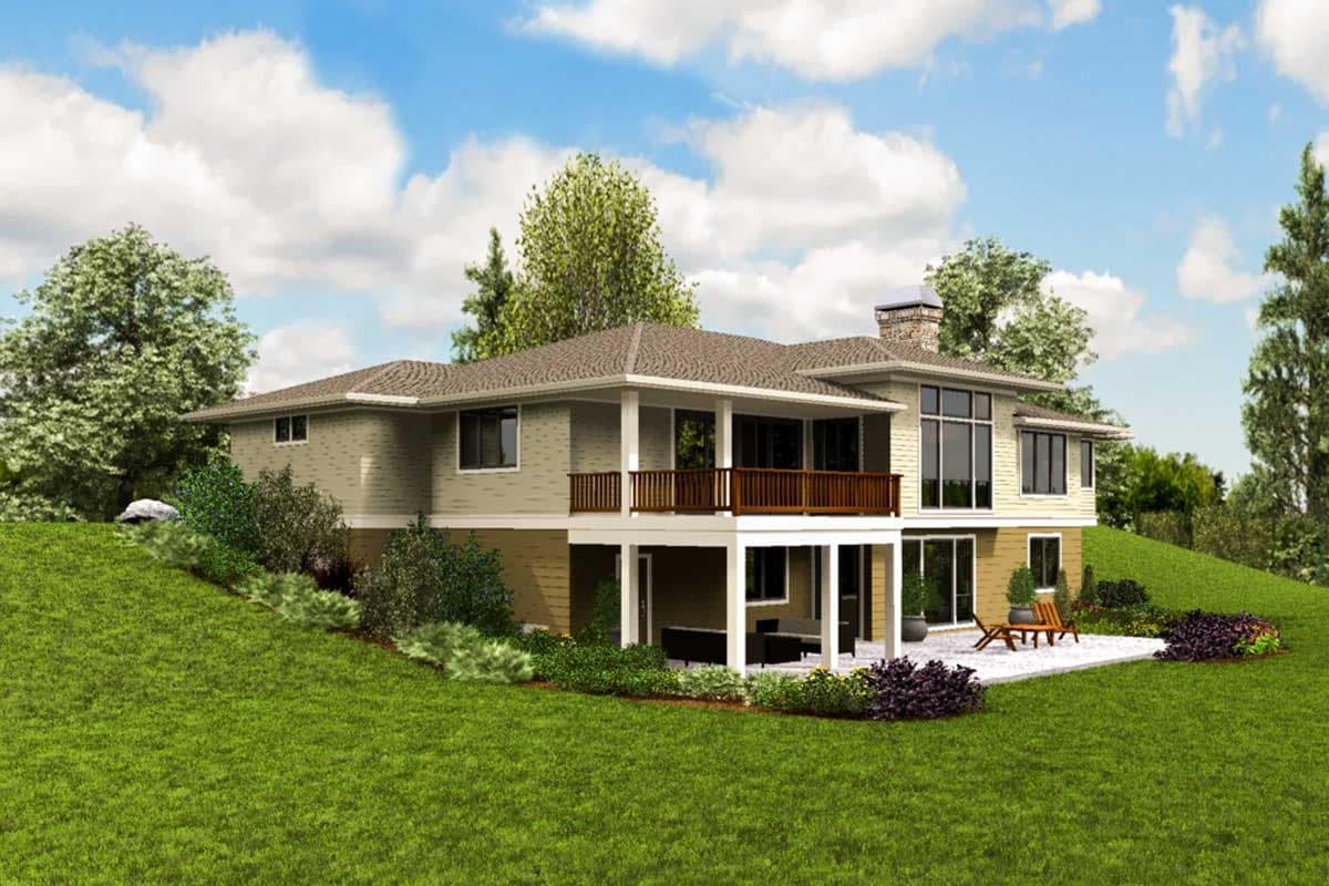 House plan exterior with a walk-out basement, covered deck, and large windows.