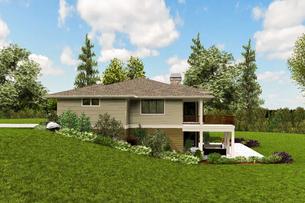 House plan exterior: two-story, earth-toned siding, with a second-level deck and ground-level patio.