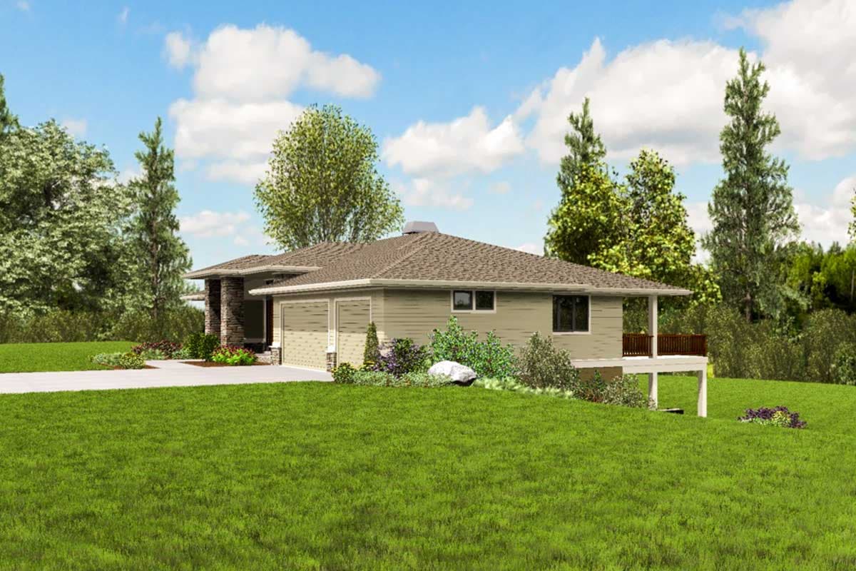 House plan exterior: contemporary ranch with dual garage doors, stone accents, and a covered deck overlooking a sloped yard.