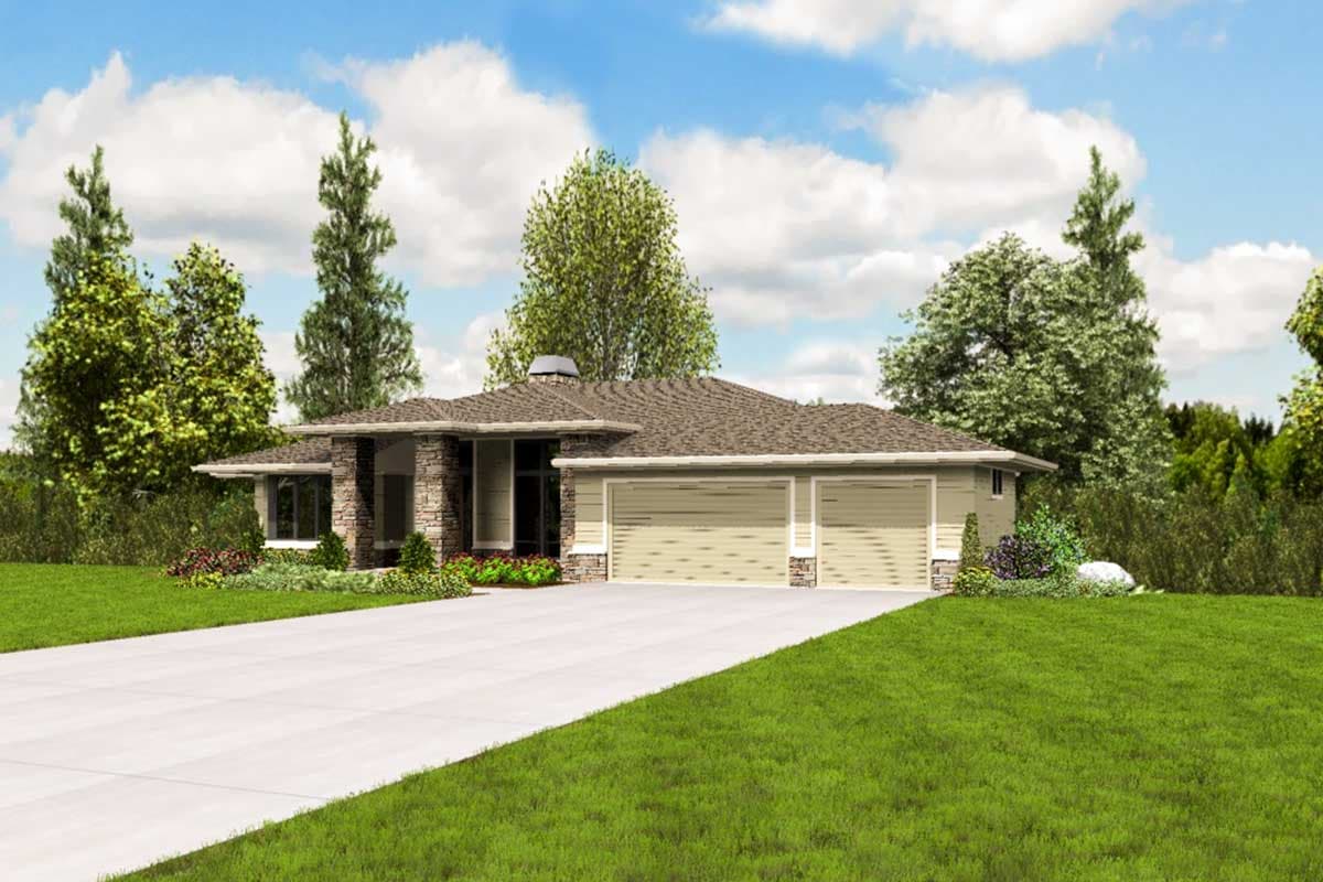 Ranch style house plan exterior with a three-car garage, stone accents, and a prominent chimney.