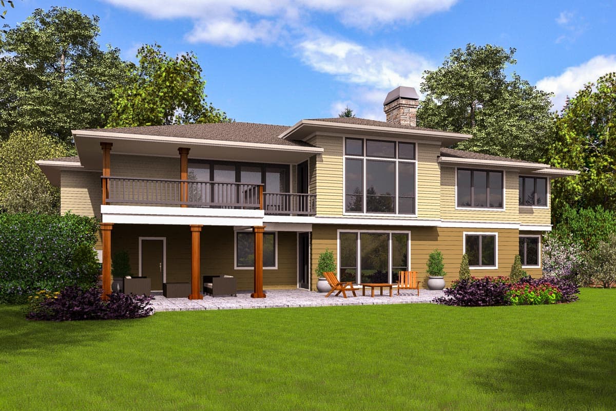 House plan exterior of a two-story Modern home with a covered balcony, large windows, and a stone chimney.