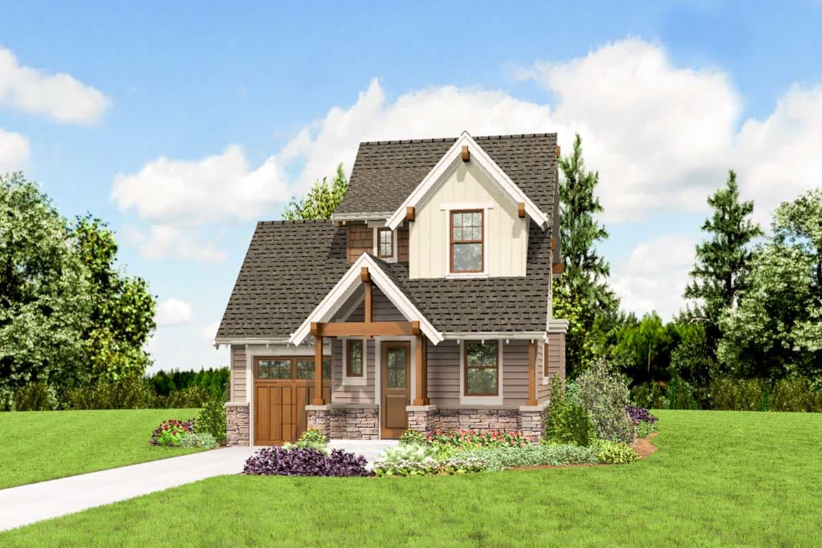 House plan exterior: two-story Modern Farmhouse with covered front porch, gabled dormers, and attached garage.