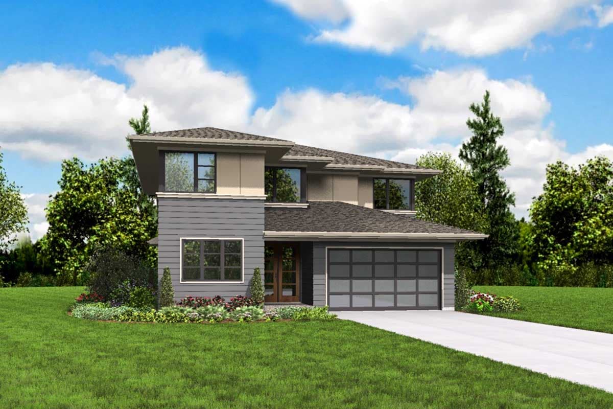 Modern two-story house plan exterior with layered rooflines, horizontal siding, and a glass-paneled garage door.