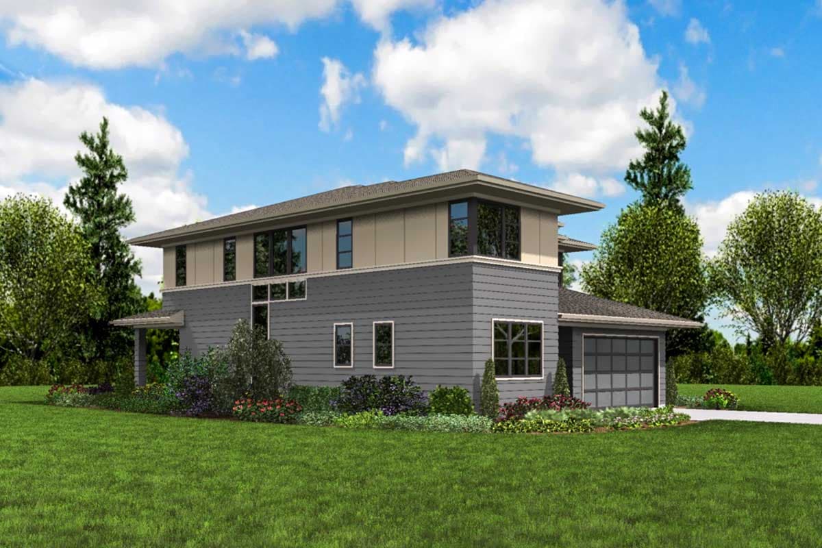 Modern house plan exterior: two stories, hip roof, horizontal siding, second-story balcony, and attached garage.