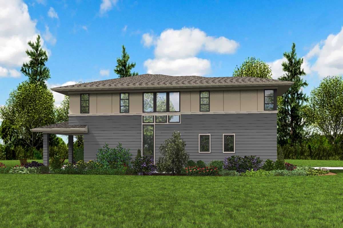 House plan exterior: Modern two-story home with a covered entry porch, horizontal siding, and numerous large windows.