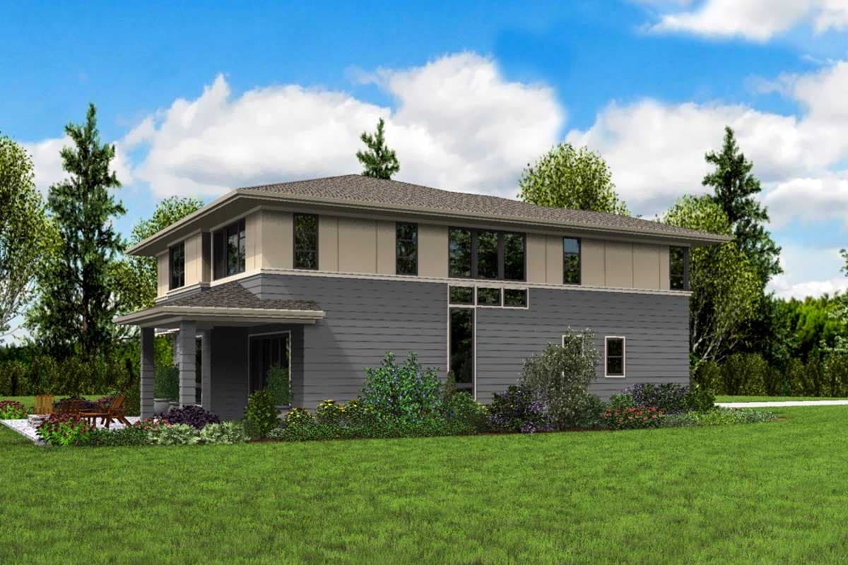 House plan exterior of two-story Modern home with covered porch, horizontal siding, and large rectangular windows.
