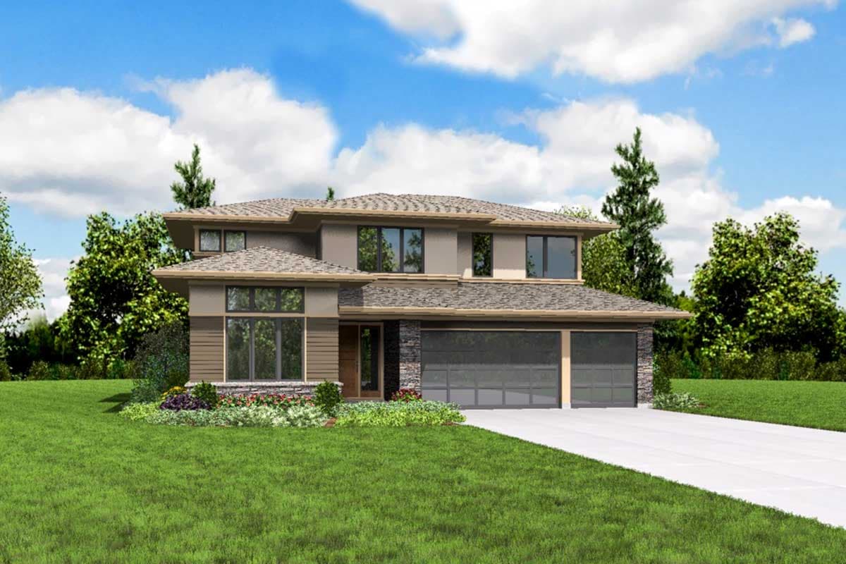 House plan exterior of a two-story modern home with a three-car garage, stone accents, and a covered entry.