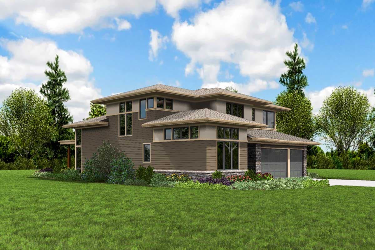Modern house plan exterior with a two-car garage, layered rooflines, and extensive window groupings.