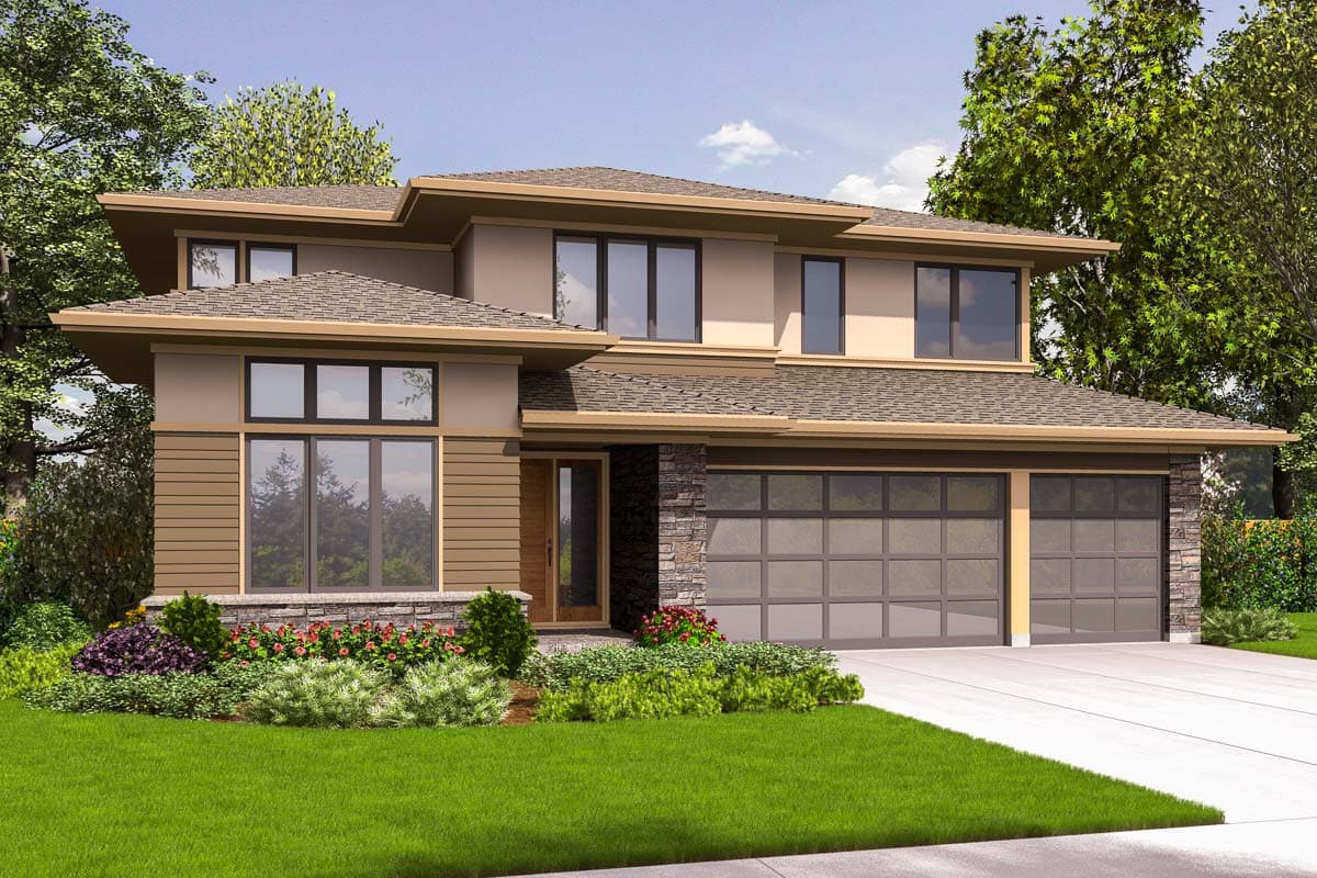 House plan exterior. Two-story modern house with a flat roof, horizontal siding, large windows, and an attached two-car garage with glass panels.