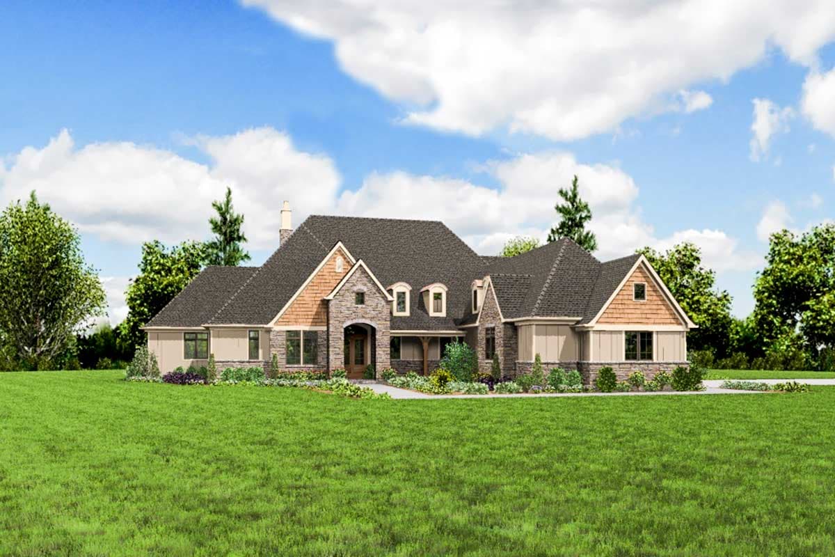 House plan exterior: stone and shingle facade, multiple gables, dormers, and a covered entry porch.