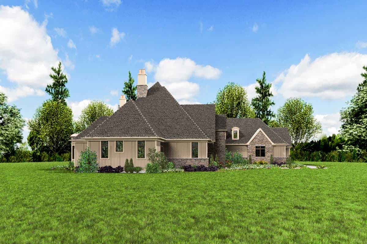 House plan exterior rendering of a one-story home with stone accents, multiple gables, and a prominent stone chimney.