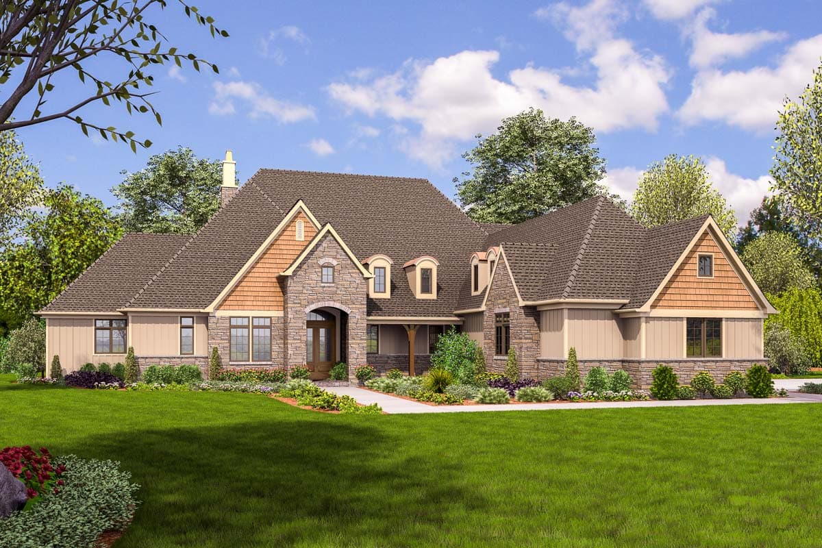 House plan exterior with stone and shingle accents, multiple gables, and a front porch. Features a two-story design with dormers.
