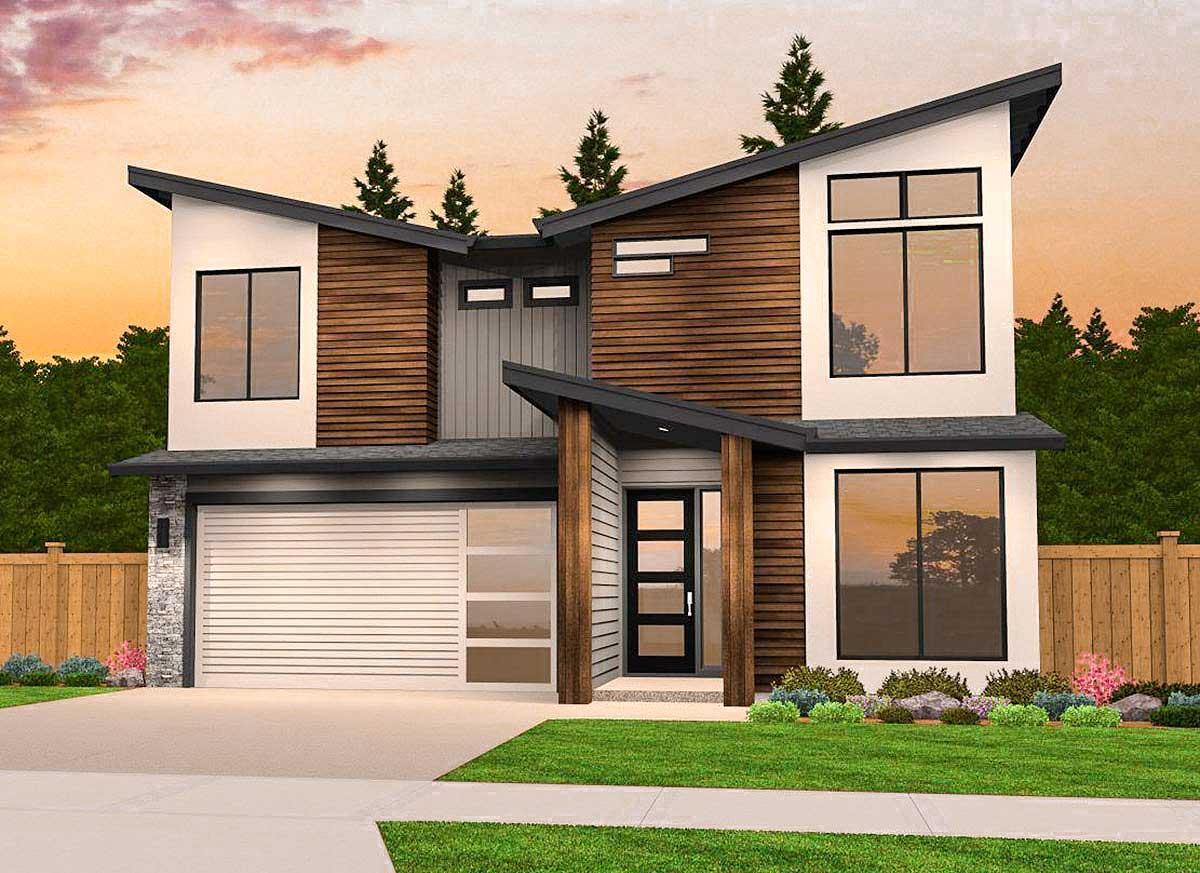 Modern house plan exterior with two stories, a shed roof, and wood siding. Features include a covered entry and attached garage.