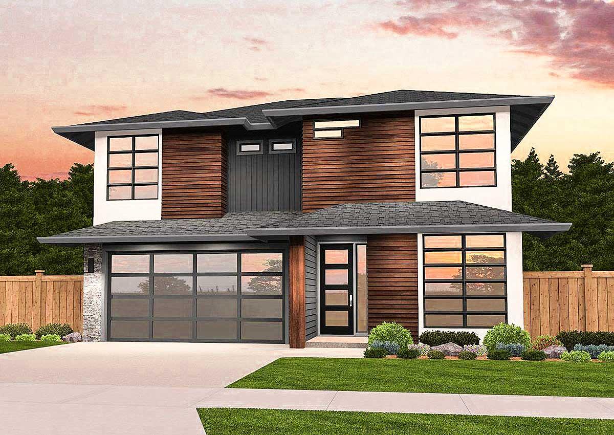House plan exterior. Two-story modern style with horizontal wood siding and large windows. Features include flat rooflines and a glass garage door.
