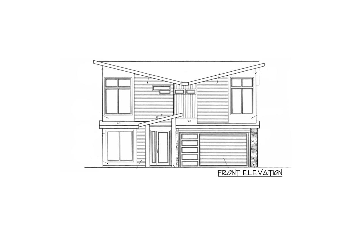 Front elevation drawing of a two-story house with a butterfly roof, multiple windows, and an attached garage.