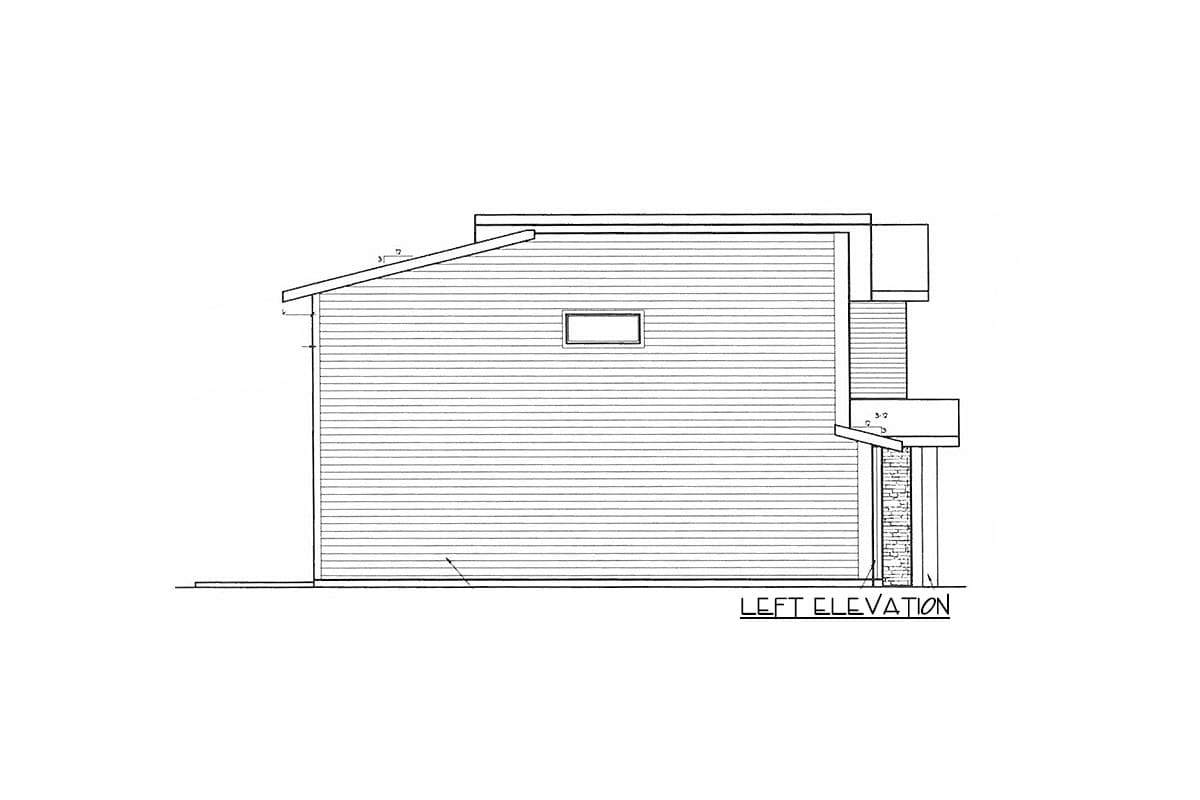Left elevation drawing of a house plan featuring horizontal siding, a sloped roof, and a small window.