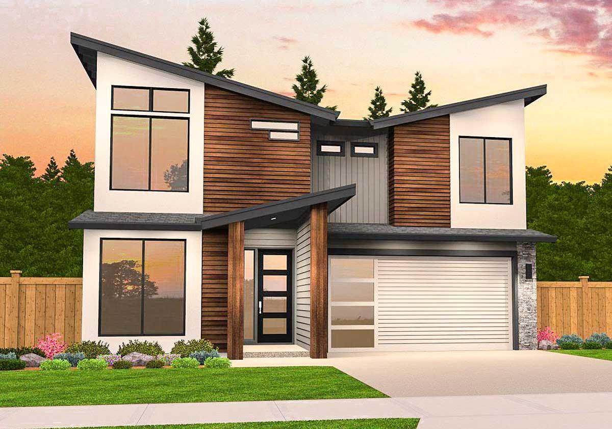 House plan exterior. Two-story modern style with horizontal wood siding and low-slope rooflines. Features include a covered entry and attached garage.