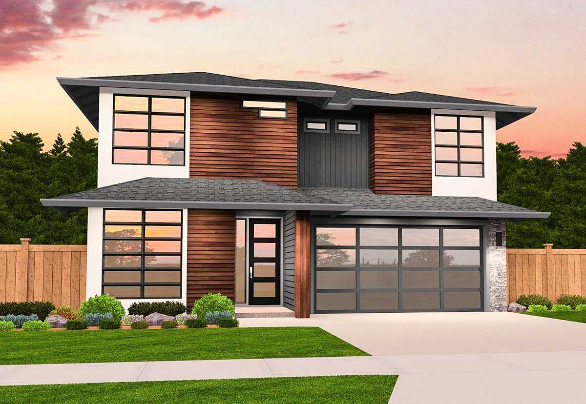 House plan exterior with two stories, flat roof, horizontal siding, large windows, and an attached garage.