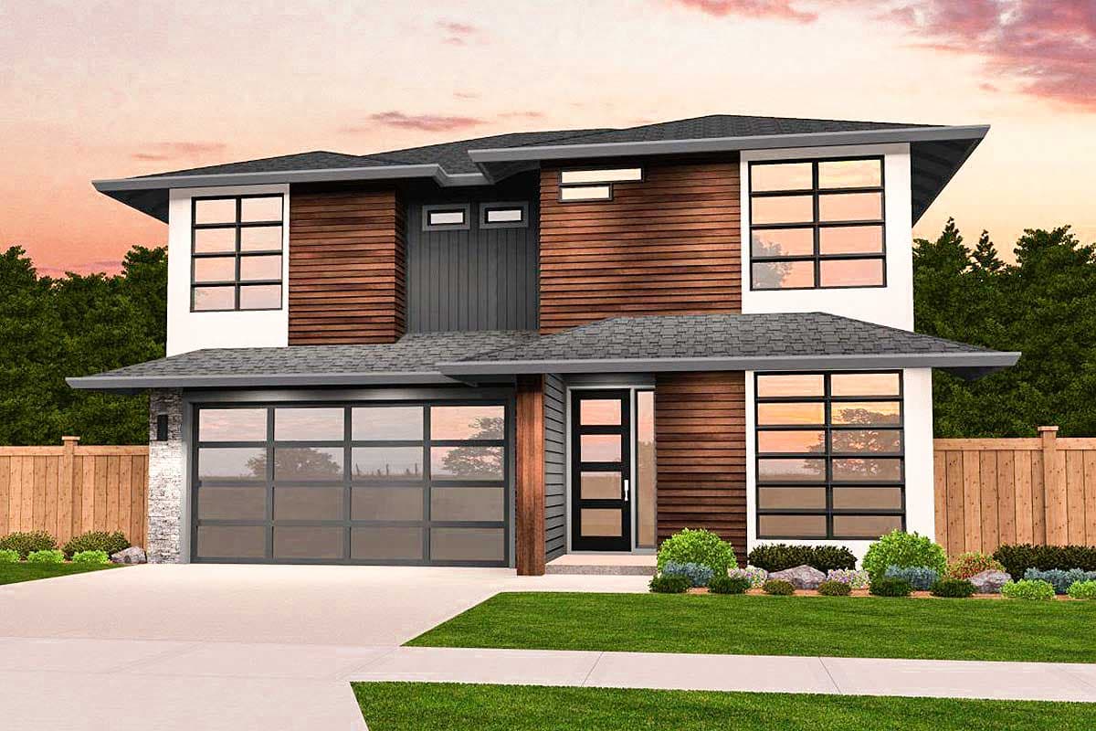 House plan exterior. Two-story Modern house with a flat roof, horizontal wood siding, and glass garage door.
