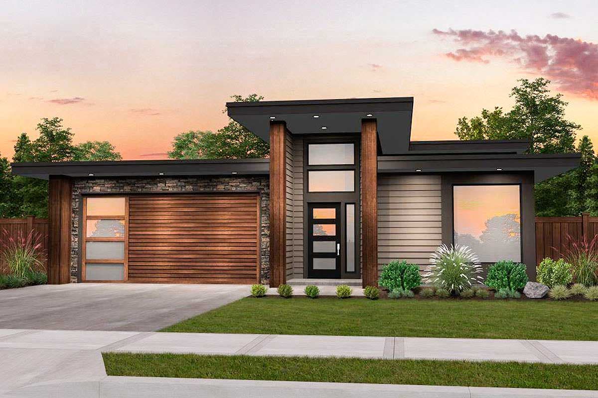 Modern house plan exterior with wood and stone accents, wide garage door, and prominent vertical entrance windows.