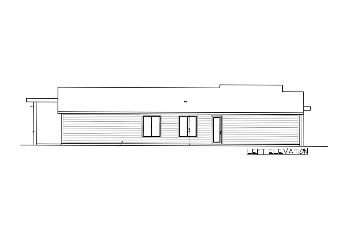 Left elevation drawing of a one-story house plan with horizontal siding, two windows, and one door.
