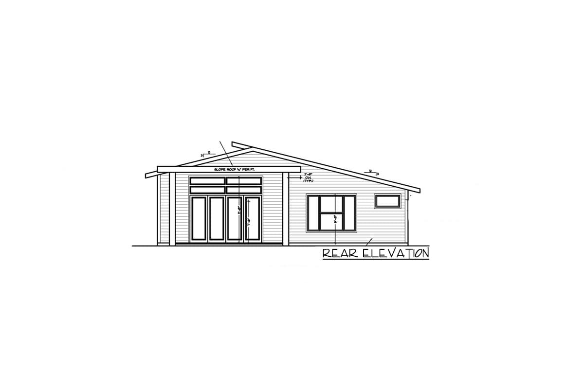 Rear elevation drawing of a single-story house with a sloped roof, quad-pane doors, and horizontal siding.