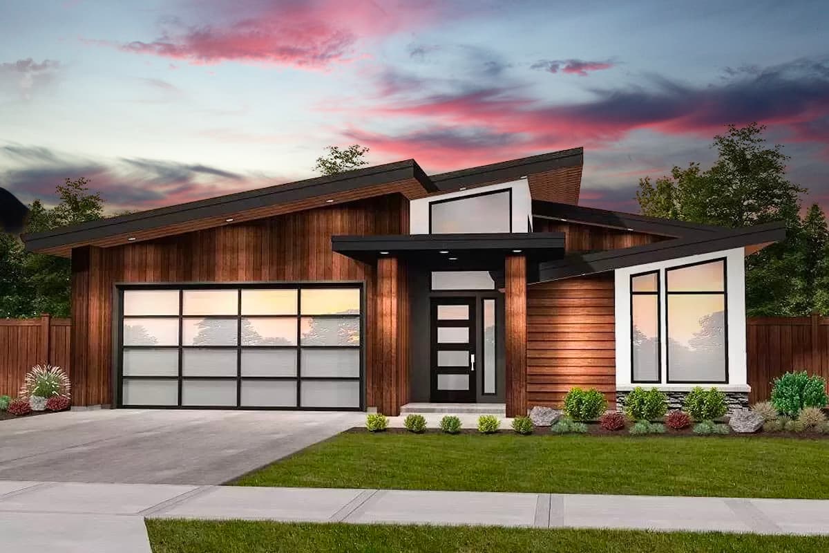 House plan exterior. Modern style with one story, angled roofline, glass garage door, and asymmetrical window placement.