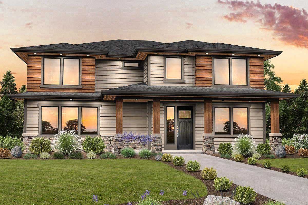 House plan exterior: Modern two-story home with a covered entry, dark trim, and a combination of wood and stone accents. Flat roof.