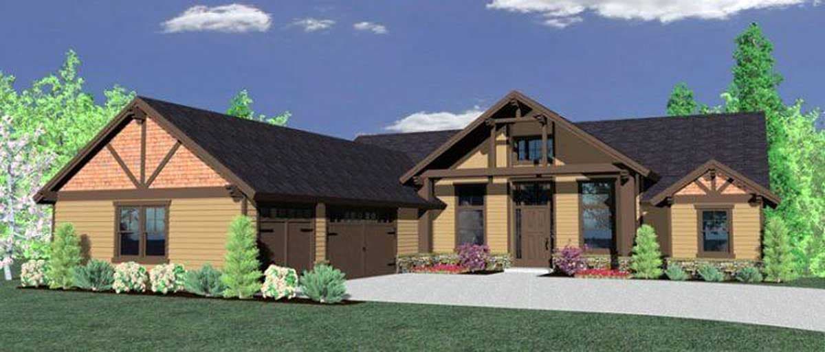House plan exterior. Craftsman style, one-story home with gables, exposed rafter tails, and a front-facing garage.