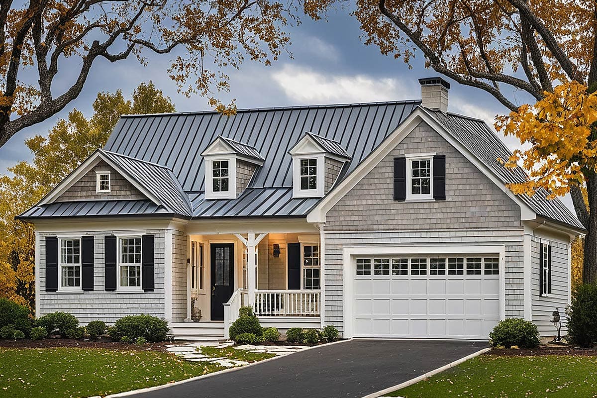 House plan exterior. Two-story cottage style home with shingle siding, dormers, a front porch, and a garage with overhead door.