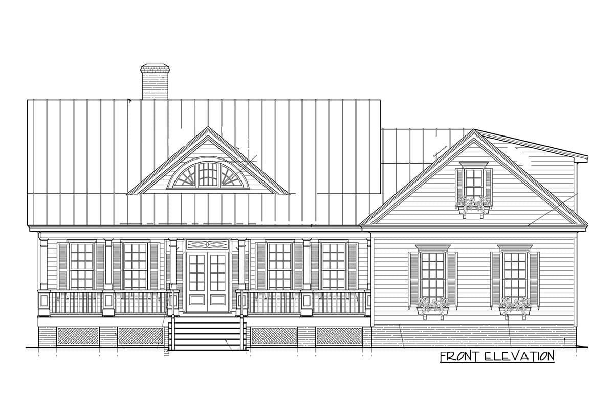 Front elevation house plan with wraparound porch, metal roof, dormer window, and arched attic window.