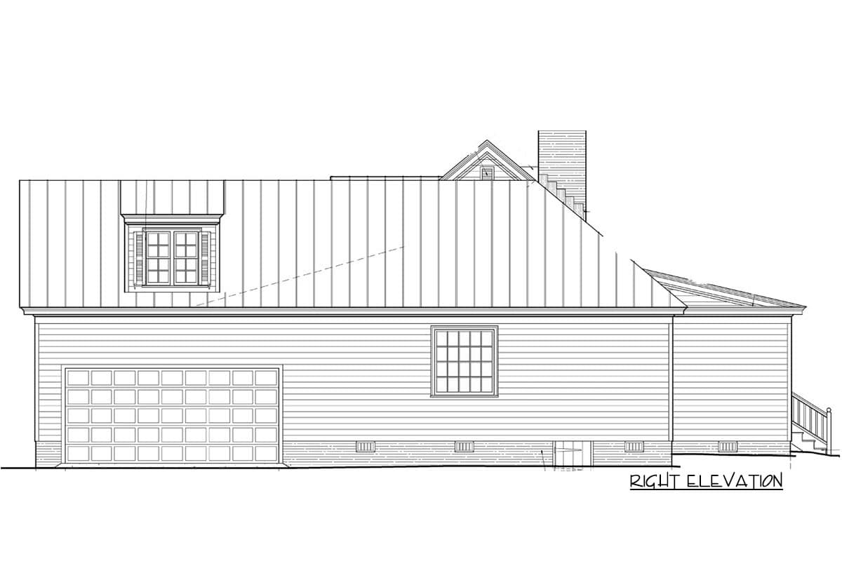 Right elevation house plan drawing with a metal roof, dormer, garage door, and pitched gable.