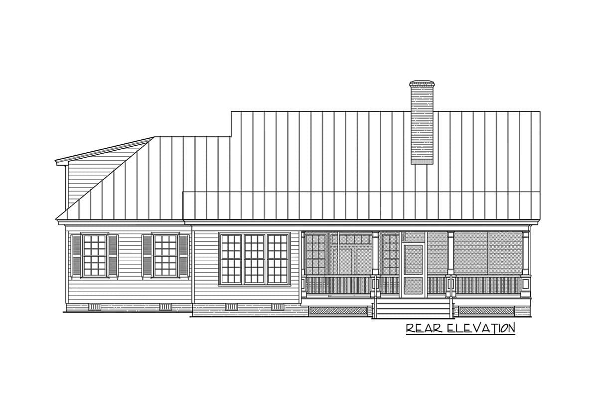 Rear elevation drawing of a house plan with a metal gable roof, chimney, and wraparound screened porch.
