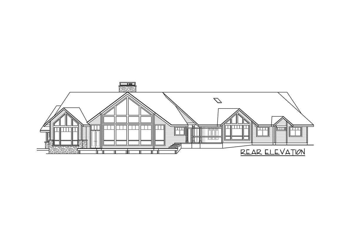 Rear elevation drawing of a ranch house plan with a large gable window and stone accents.