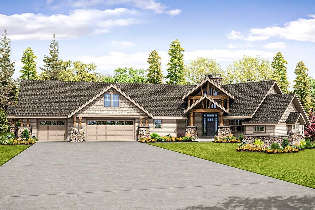 House plan exterior. Craftsman style, single-story home with gabled roof, stone accents, timber-framed entry porch, and attached garage.