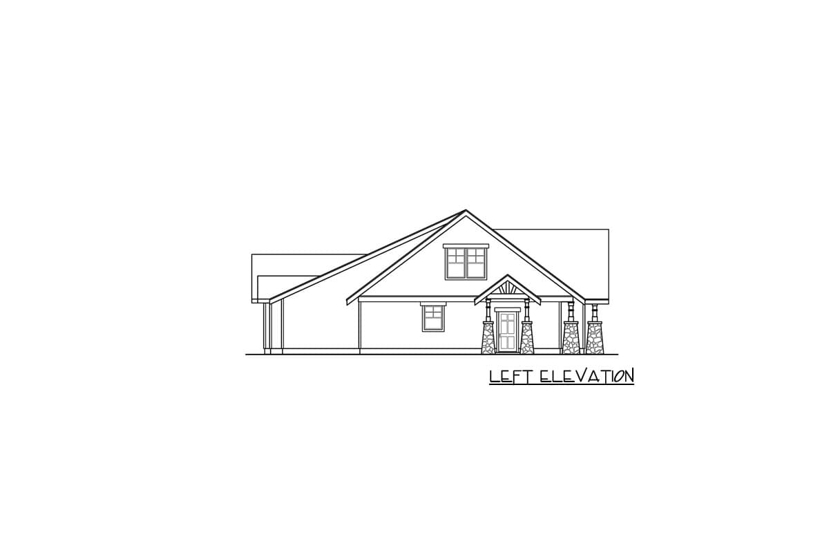 Left elevation drawing of a single-story house with a covered front porch supported by stone columns and a gable roof.
