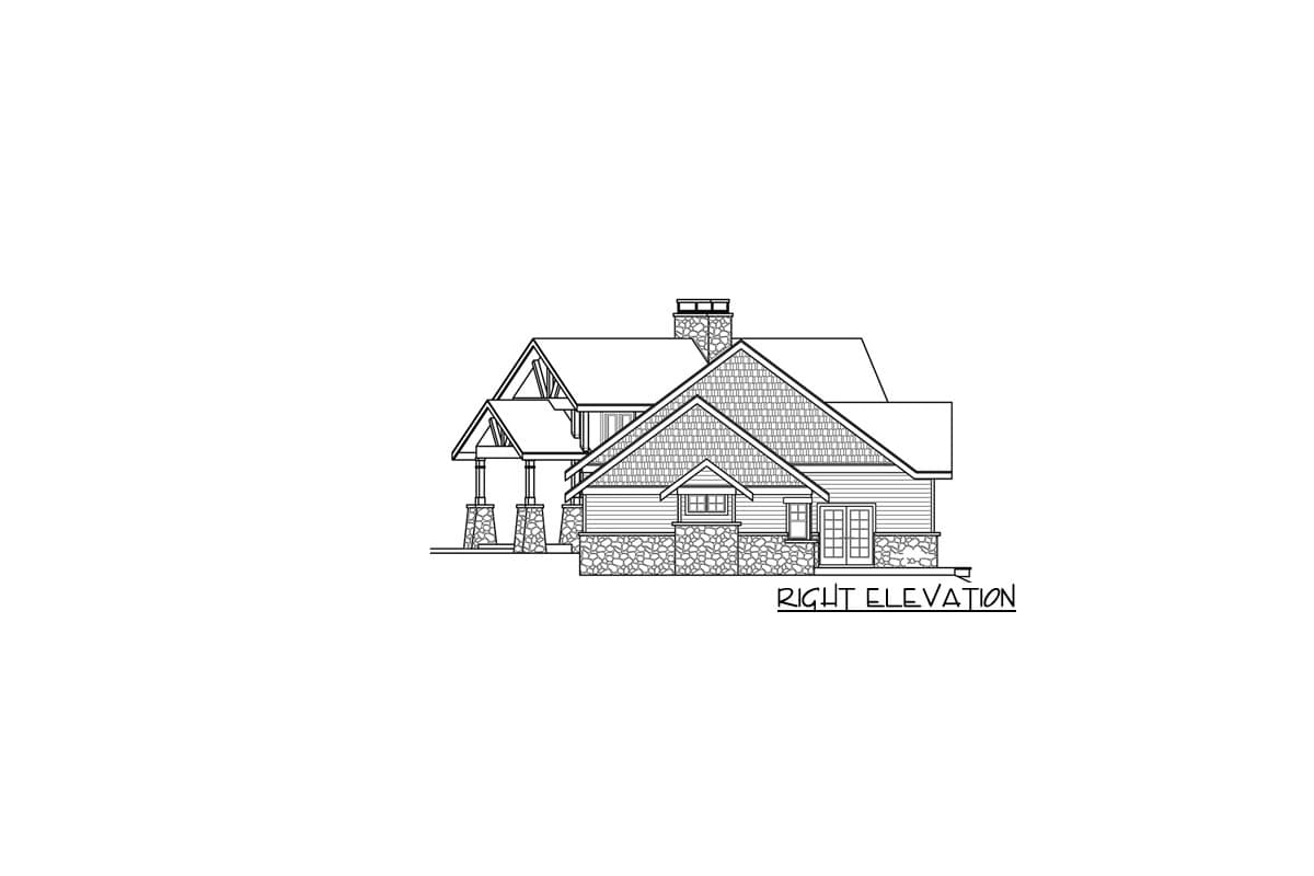 Right elevation drawing of a house plan with gables, a stone chimney, and a covered entry with stone pillars.