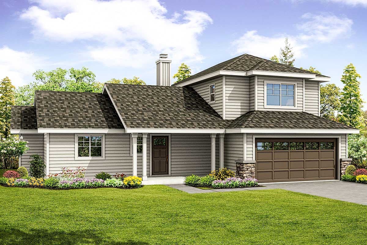 House plan exterior with two stories, Craftsman style. Features include gabled rooflines, covered porch, and a side-entry garage.