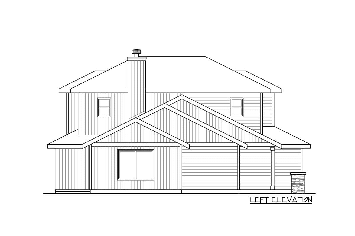 Left elevation drawing of a two-story house plan with a prominent chimney, gabled rooflines, and a covered porch.